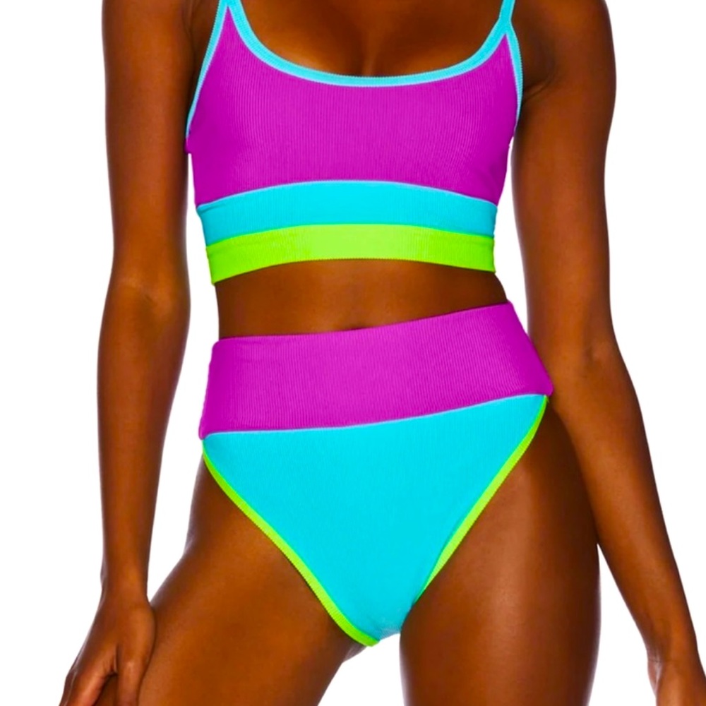 Beach Riot / Eva Bikini Top in Fluorescent Green, Purple, and Blue Size L